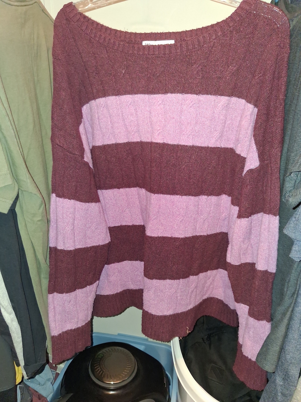 No Boundaries Pink and Burgundy Off-The-Shoulder Striped Sweater